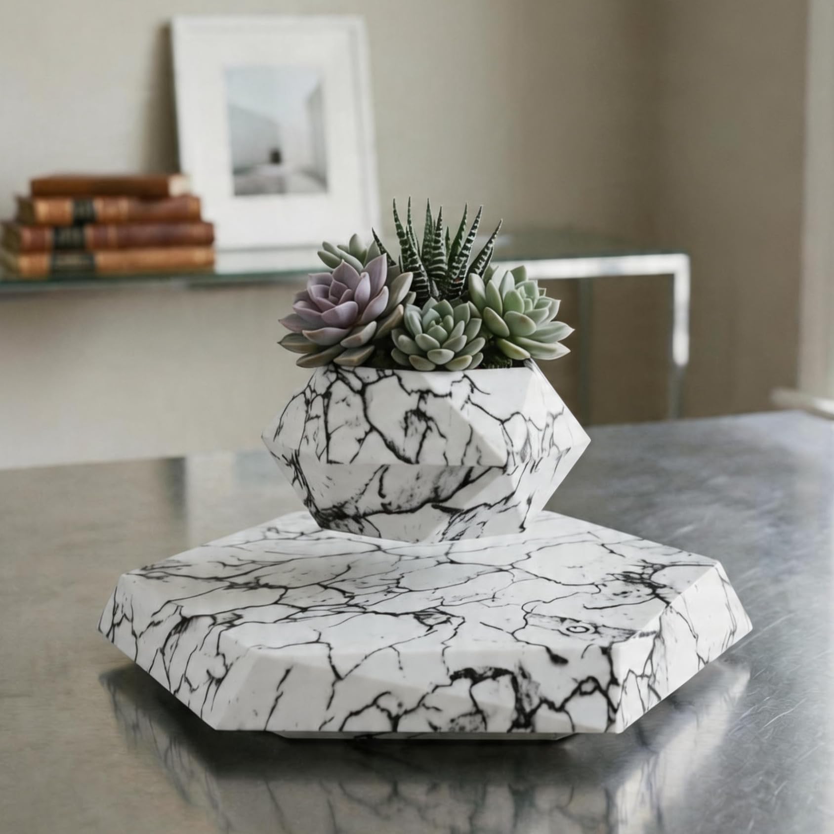 HCNT Marble Nursery Pot - Floating Planter for Succulents, Indoor Decor, 360° Sunlight Exposure (9.45 x 9.85 x 7.09 inches)