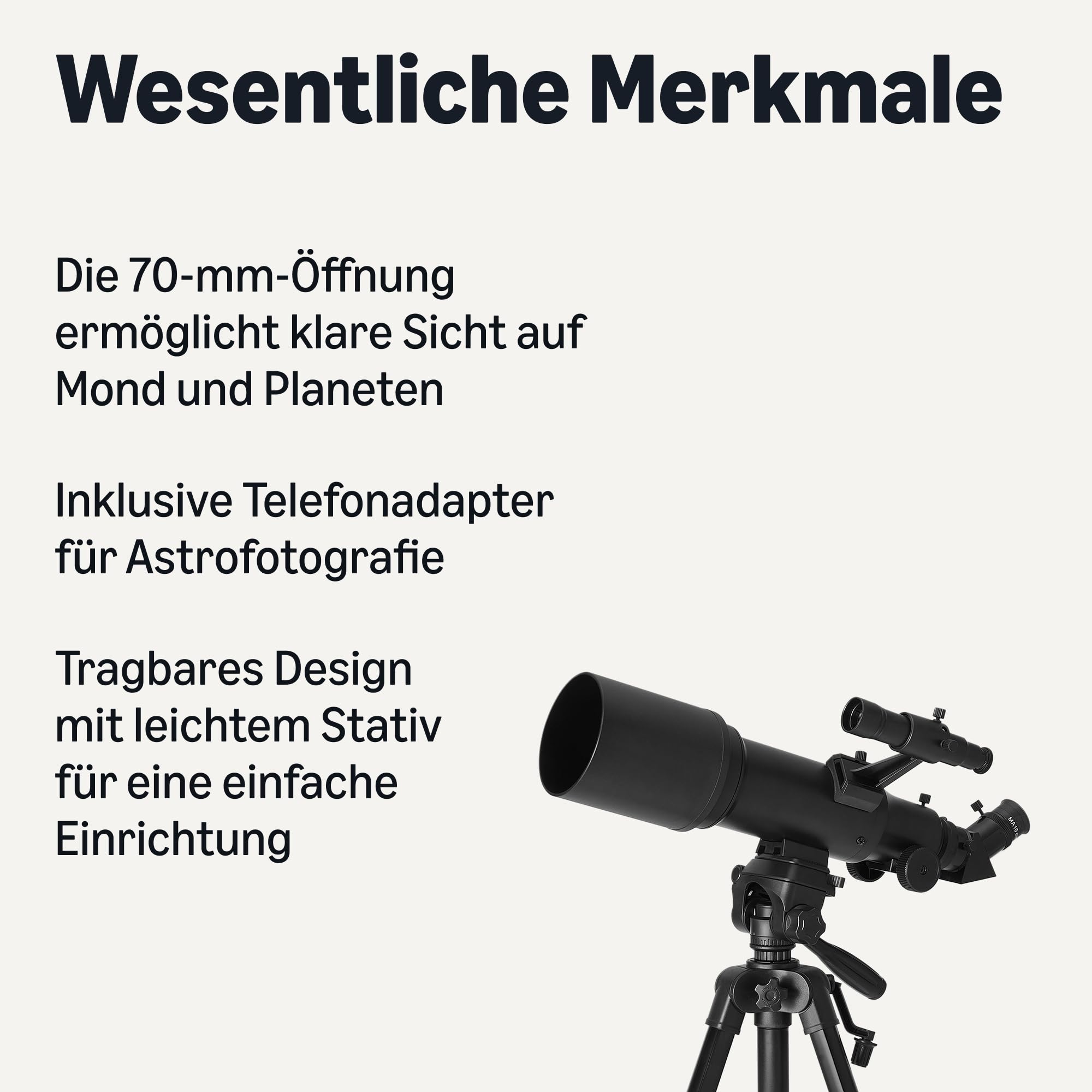 Amazon Basics Teleskop, 70-mm-Öffnung, 400-mm-Brennweite, AZ-Montierung, Tragbar mit Aluminiumstativ, Handyhalterung, 3-Fach Barlowlinse, Tragetasche, Schwarz
