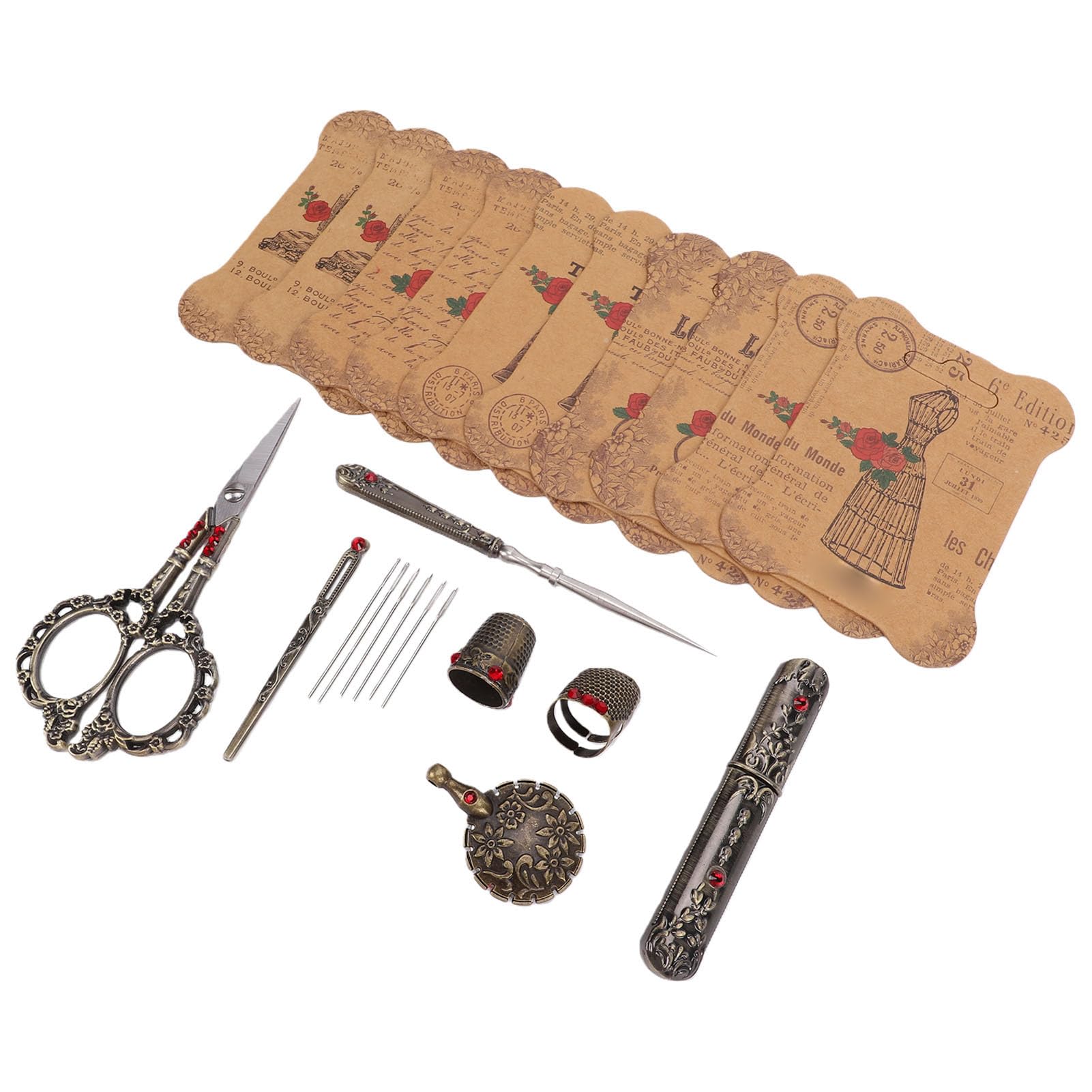 SIXRUN Kit de Tijeras de Bordar Vintage, Caja de Costura de Madera Maciza con Herramientas de Costura de Acero Inoxidable, 10 Bobinas, 6 Agujas, Juego de Estilo Antiguo para Coser Acolchar y Tejer