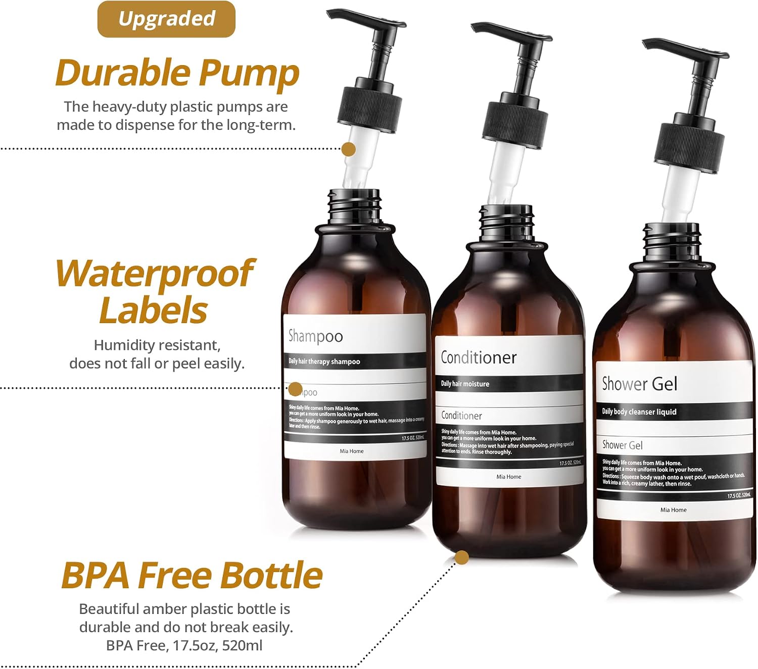Mia home - 17.5 oz Refillable Empty Amber PET Plastic Bottle Set - 3 Bottles only with labels, Shampoo & Conditioner & Shower gel, Silcone Funnel