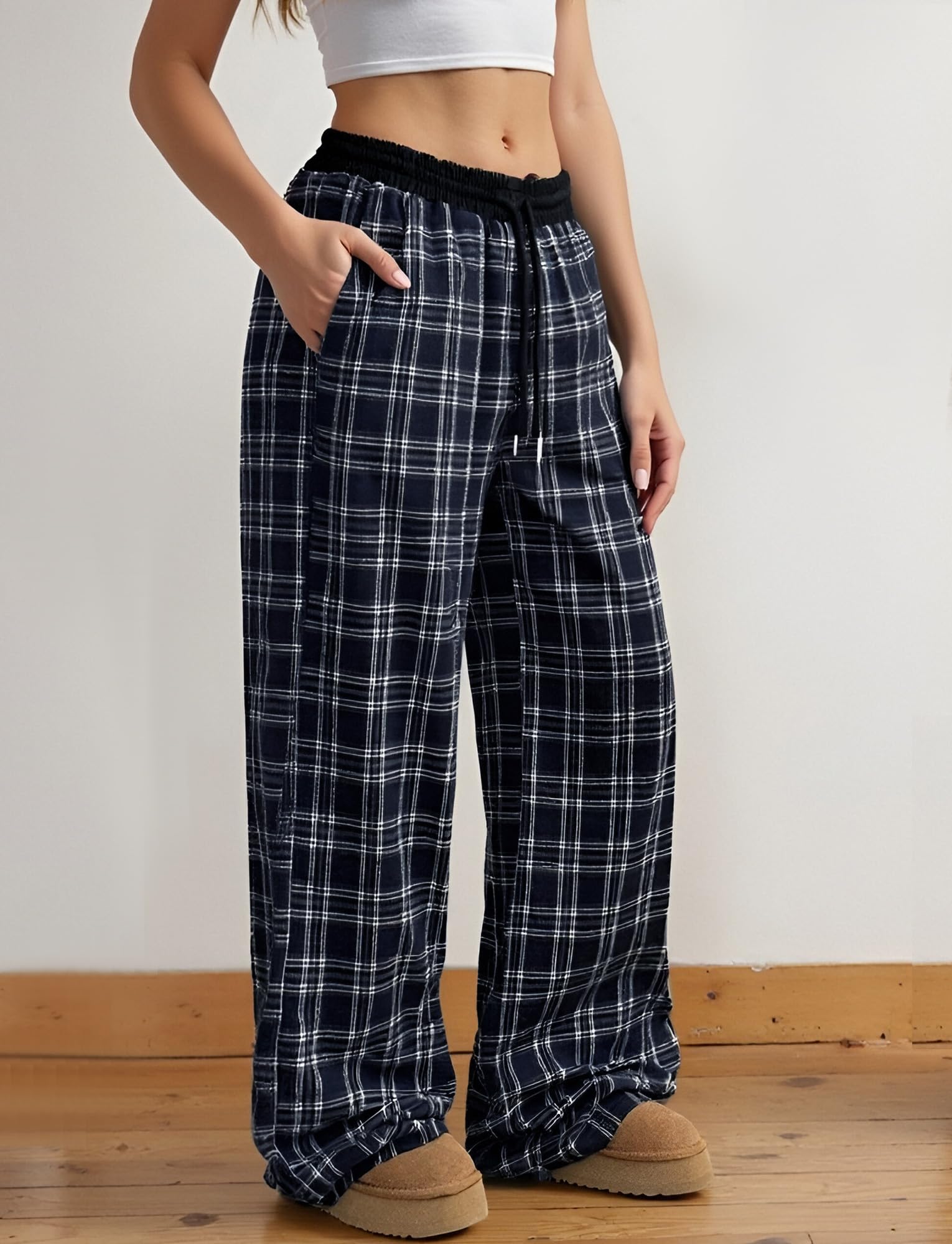 Pantalon Vintage à Carreaux pour Femme Pantalons Décontracté à Taille Basse Pantalon de Jogging Large à Poches Pantalons Long Y2K Streetwear