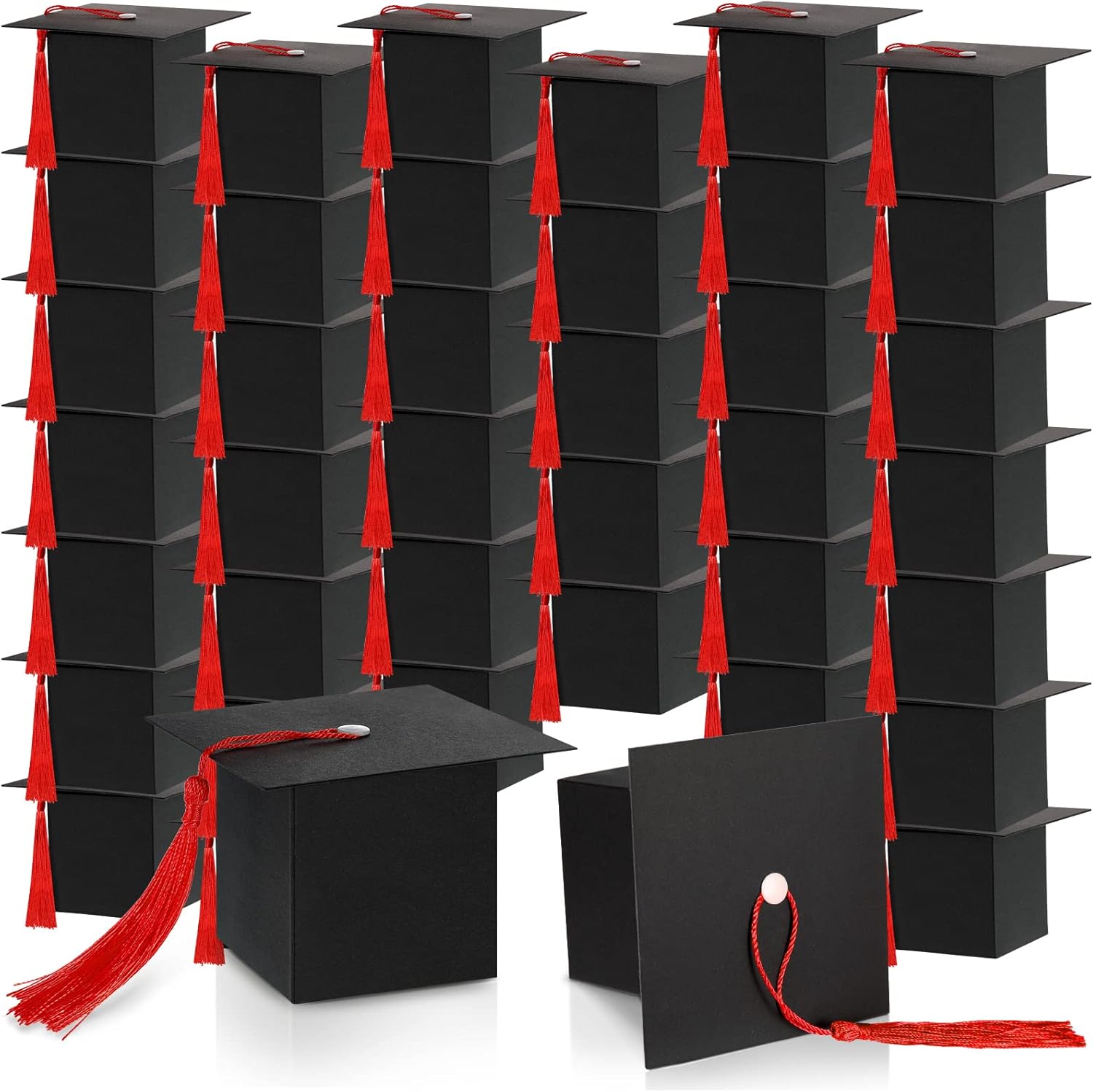 Bememo 100 Pieces Graduation Candy Boxes Graduation Party Favors Class of 2026 Cap Gift Boxes Graduate Centerpieces with Tassel for Grad Ceremony Party(Red)
