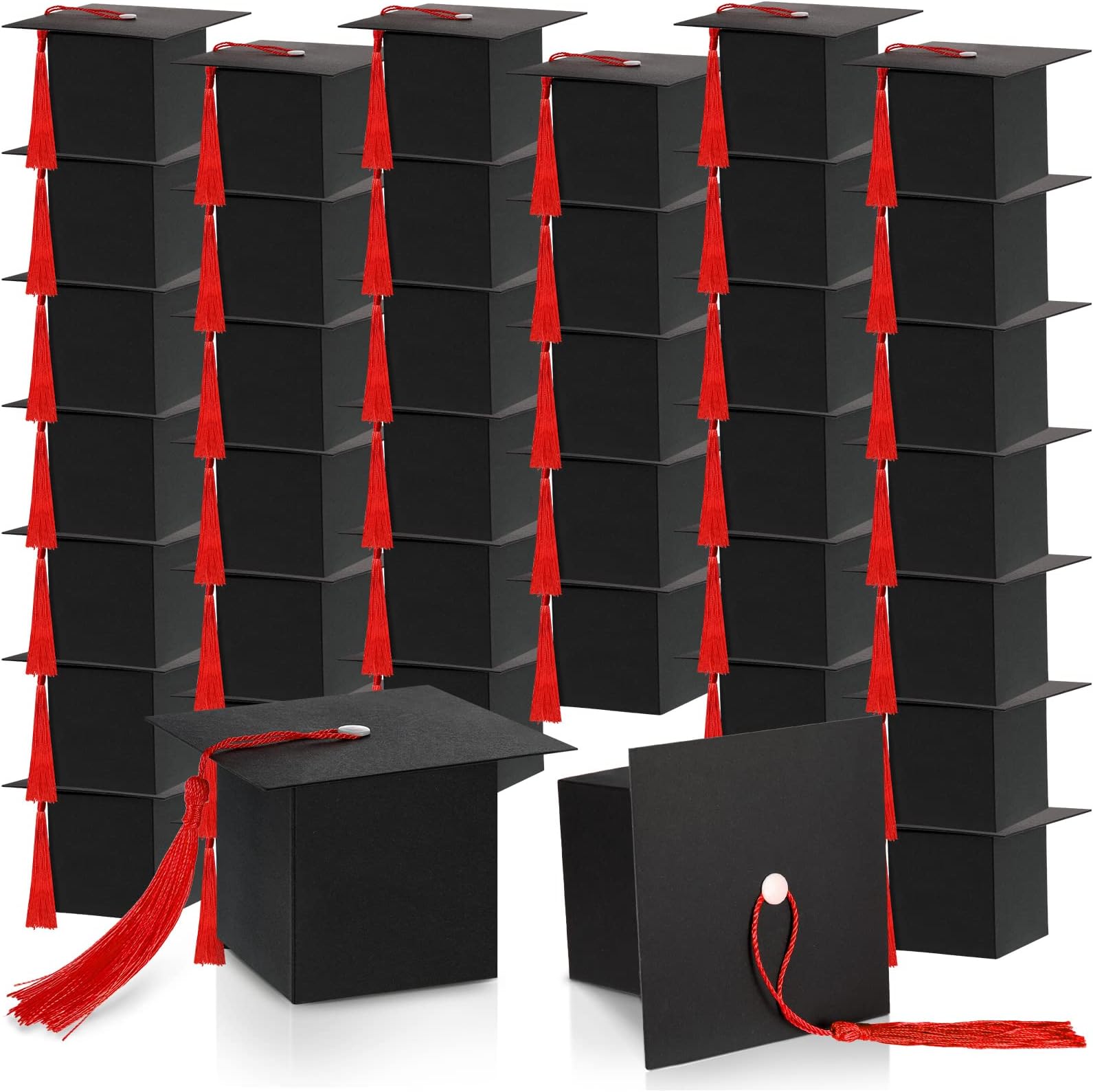Bememo 100 Pieces Graduation Candy Boxes Graduation Party Favors Class of 2025 Cap Gift Boxes Graduate Centerpieces with Tassel for Grad Ceremony Party(Red)