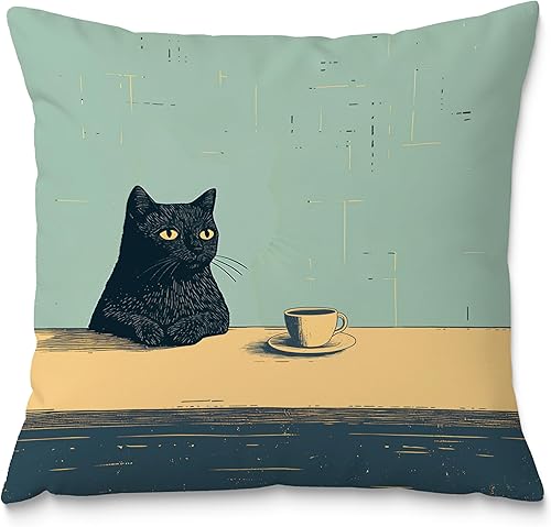 Fundas de almohada de gato negro de 18 x 18 pulgadas, fundas de almohada estéticas de decoración de pintura de gato negro, decoración de gatos