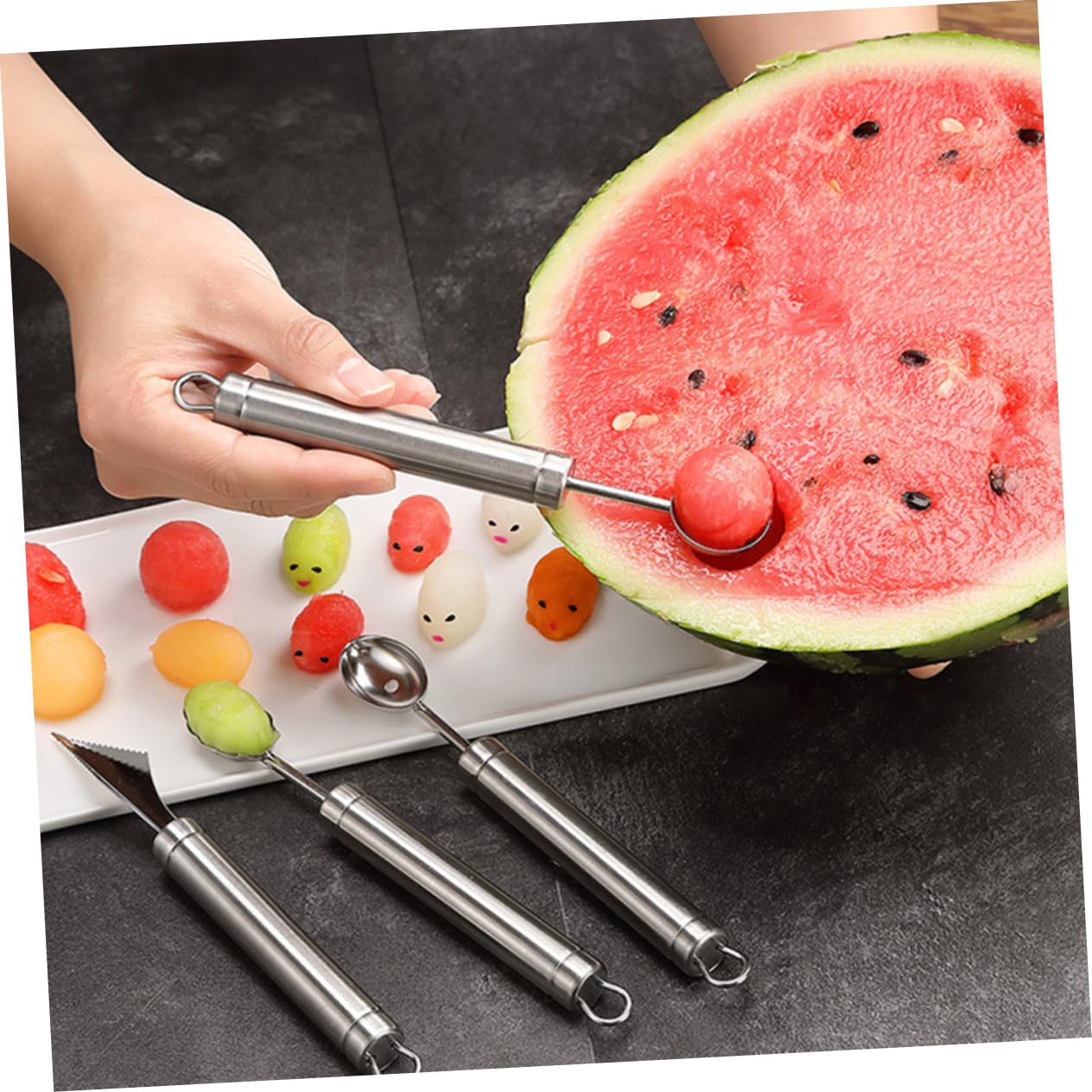 Juego de Sacabolas Diseño Seguro 4 Piezas de Acero Inoxidable de Melón y Forma Atractiva para Frutas y Cocina