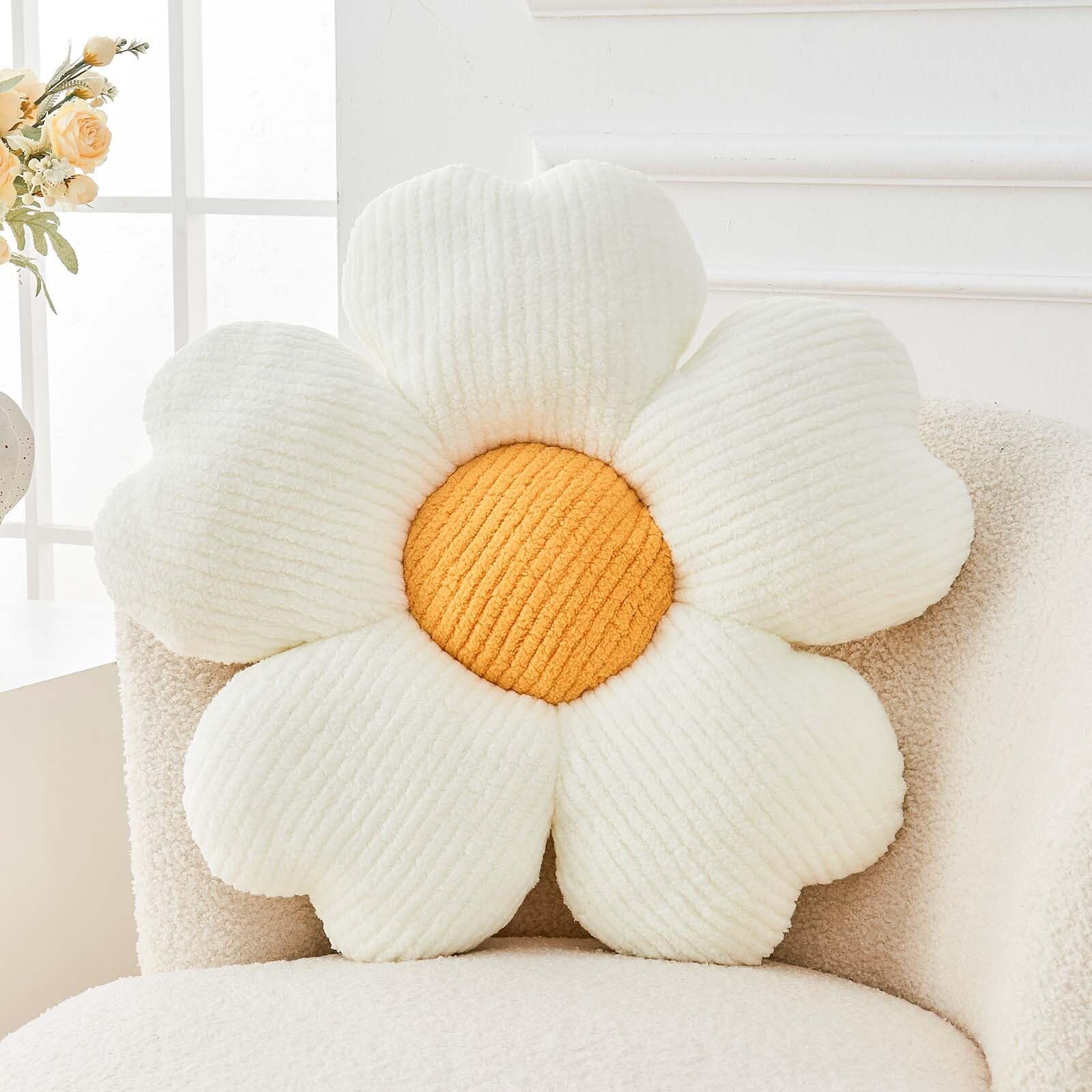 Kcvvcr Flower Throw Pillow, Cute Flower Shaped Pillow Decorative Throw Pillow for Bed Couch, Soft Daisy Pillows Floor Seating Cushion Cushions (14.9 Inch White+Yellow)