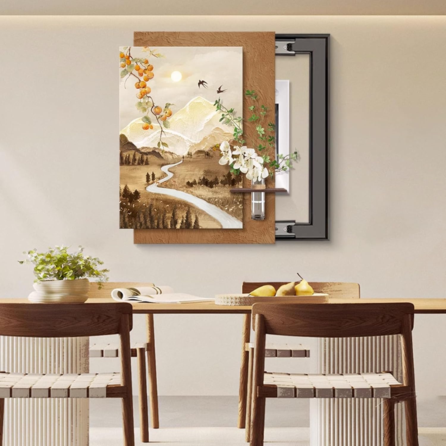 Electric Meter Box Decorative Painting Breaker Box Cover, Hidden Circuit Breaker Panel Decorative Painting, Decoratives Fuse Box Covers with Vase and Fake Plant(Brown 3,40x50cm/15.7x19.7in)