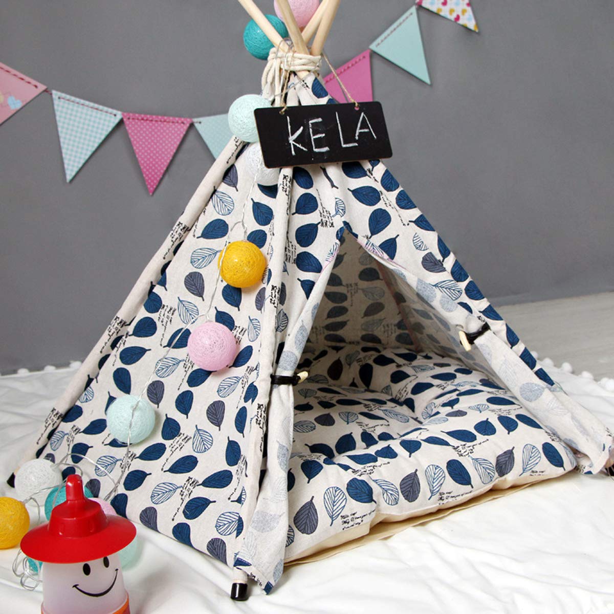 TentHome Tente Tipi avec Coussin pour Chiens Chiots Chats Animaux de Compagnie Niche pour Chien avec Matelas Amovible et Lavable, Feuille Bleue (70cm x 60cm x 60cm)