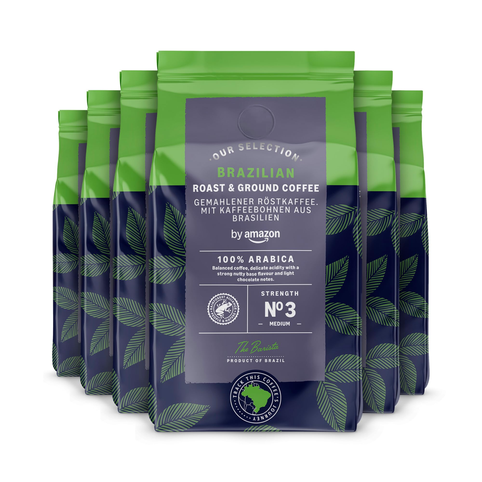 by Amazon Brazilian Roast and Ground Coffee, Single Origin, Medium Roast, 1.36Kg (6 Packs of 227g), Rainforest Alliance Certified