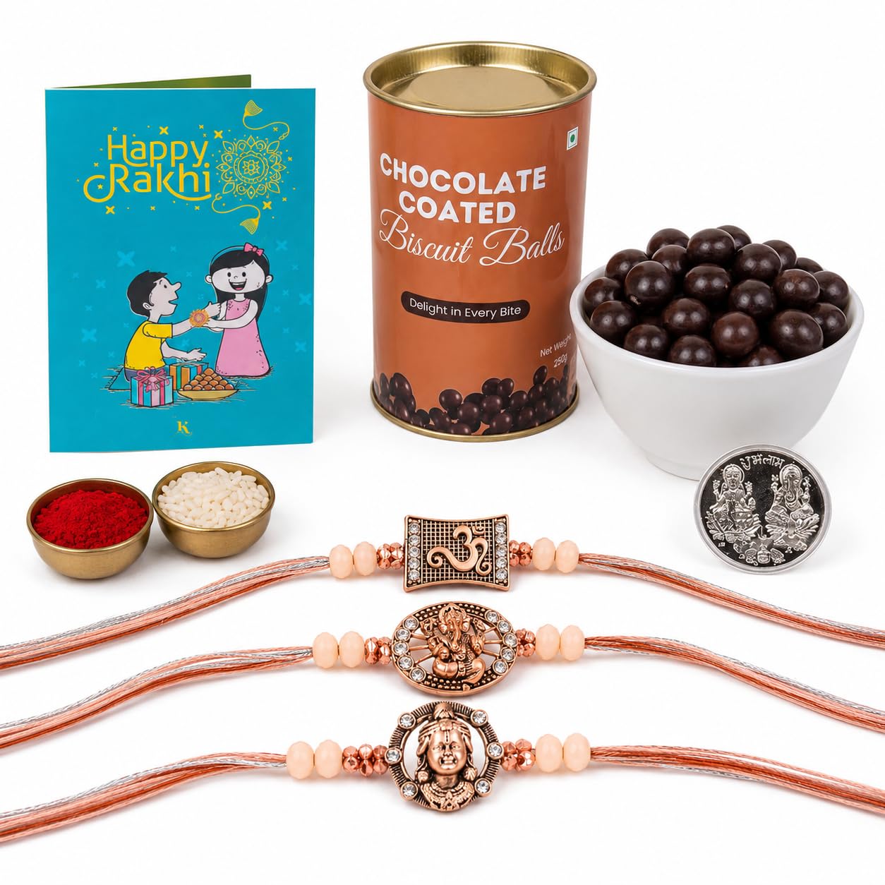 Kaameri Bazaar Set of 3 Antique Metal Rakhi for Brother, OM Ganesha Krishna Design with CZ Stones, 50g Chocolate Biscuit