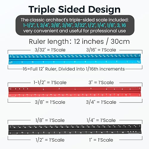 Miniatura 4 de Rena Chris 2 piezas Regla de escala arquitectónica 12" de aleación de aluminio imperial, herramientas de medición de arquitectura de metal, reglas