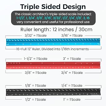 Rena Chris Architectural Scale - 12 Aluminum Triangular Scale Ruler, Black