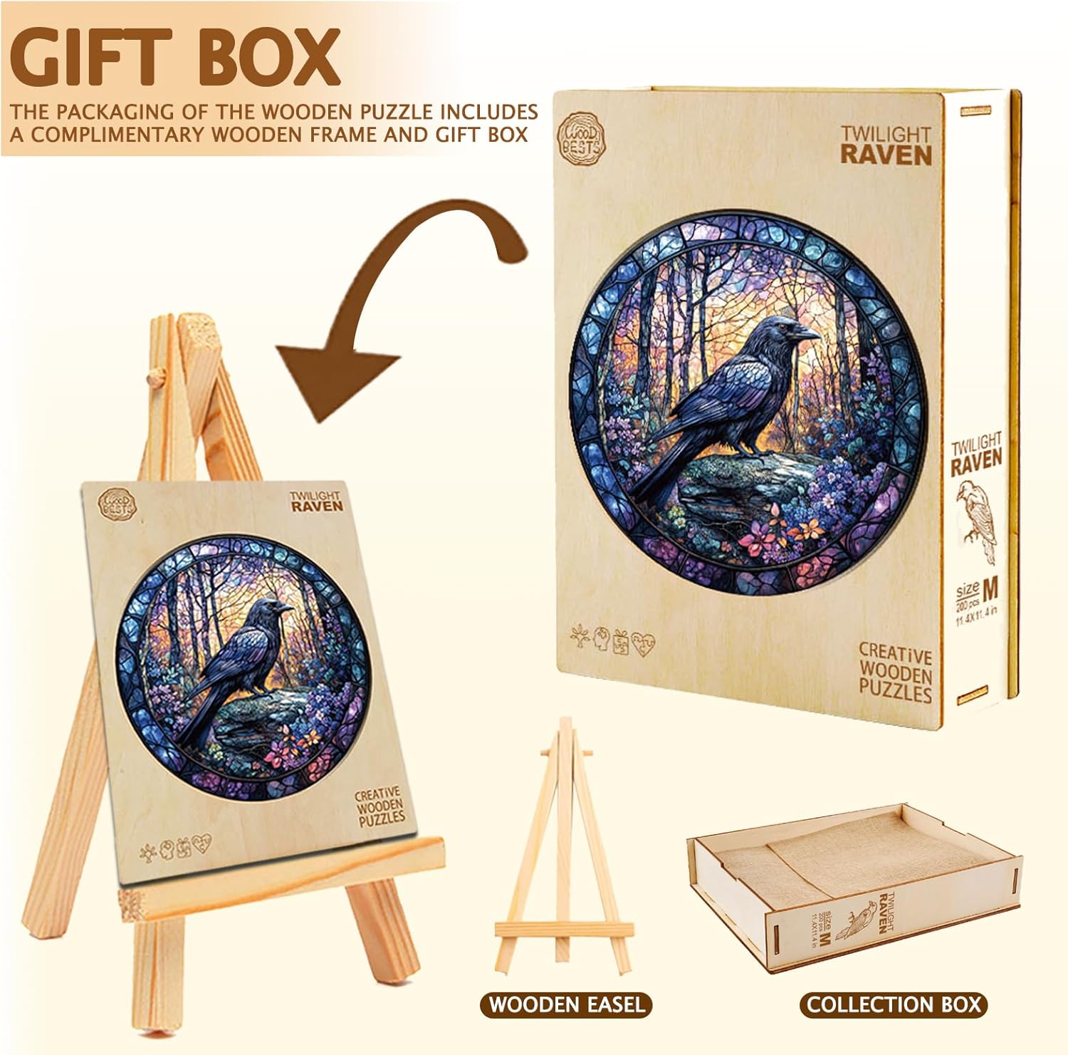 Wooden Puzzles for Adults,Dusk Raven Wooden Puzzles,Unique Shape Advanced Animal Jigsaw Puzzle for Adults and Kids,Challenge Wooden Jigsaw Puzzle.（M-11.4 * 11.4 in 200pcs）
