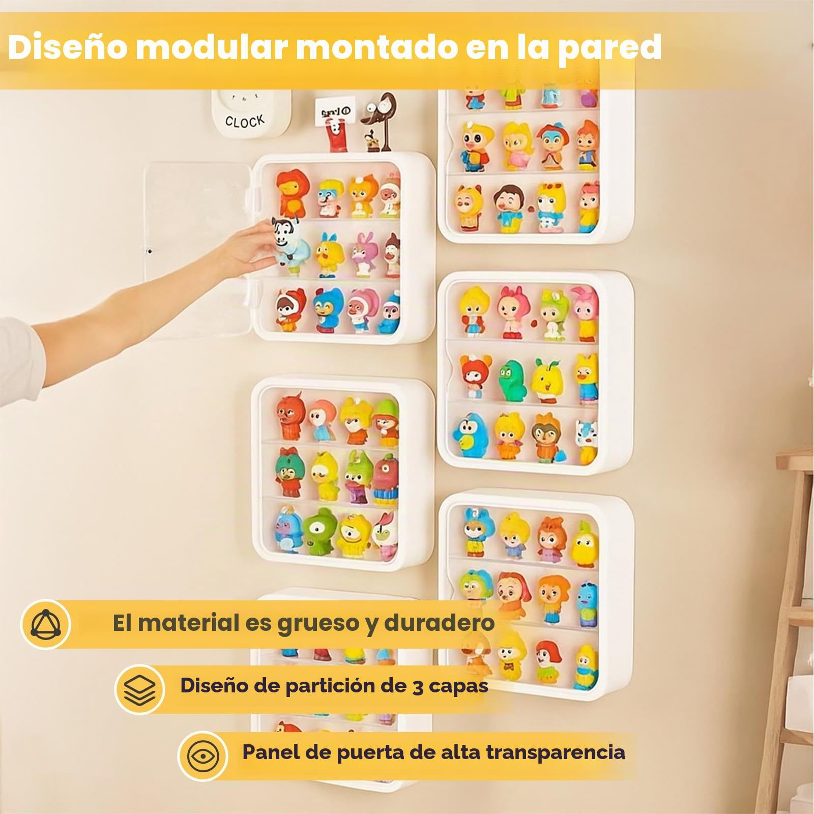 powerking Vitrina Transparente de 3 Niveles para Figuras, Caja de Almacenamiento de muñecas montada en la Pared, Soporte de exhibición Ajustable de acrílico con Puerta magnética para coleccionables