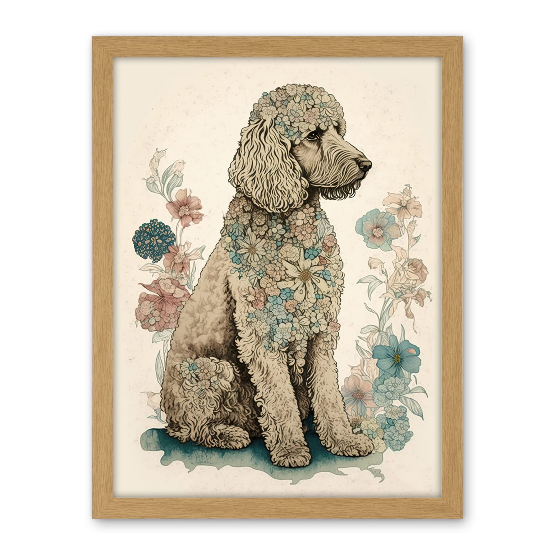 Artery8 Poodle Dog with Flower Fur Coat Modern Boho Watercolour Illustration Artwork Framed Wall Art Print 18X24 Inch