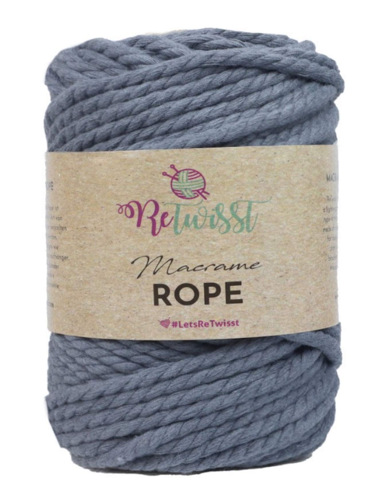 Retwisst Macrame Craft Rope 5mm Twisted Cord Thread Recycled Fibres 500g (R5R03 - Grey), Grey - R5r03