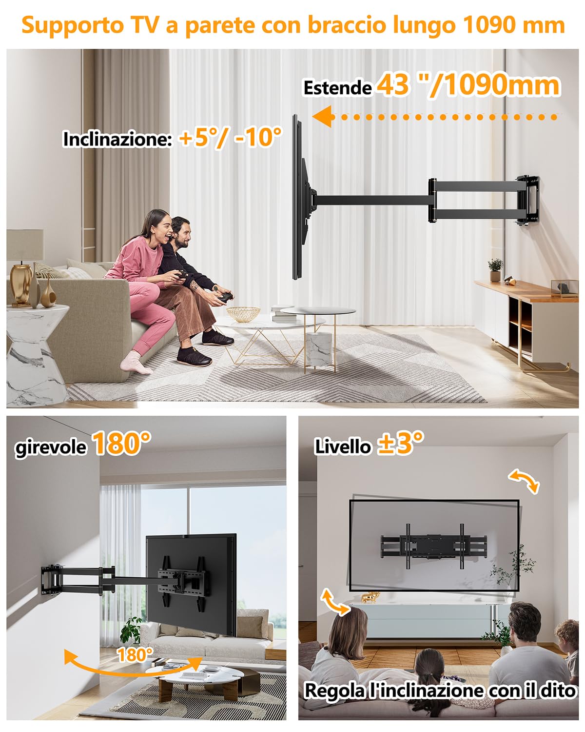FORGING MOUNT Supporto TV Parete Doppio Braccio Extra Lungo da 1090mm per TV 50-90 Pollici, Staffa TV fino a 90kg con Rotazione e Inclinazione, Supporto TVs per LCD/LED/OLED, Max VESA 600x400mm