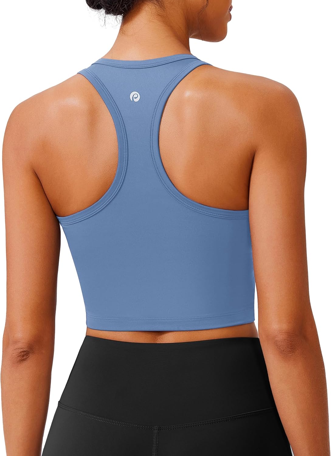 PINSPARK Racerback Crop Tank Tops for Women Longline Padded Sports Bra Scoop Neck Workout Yoga Top