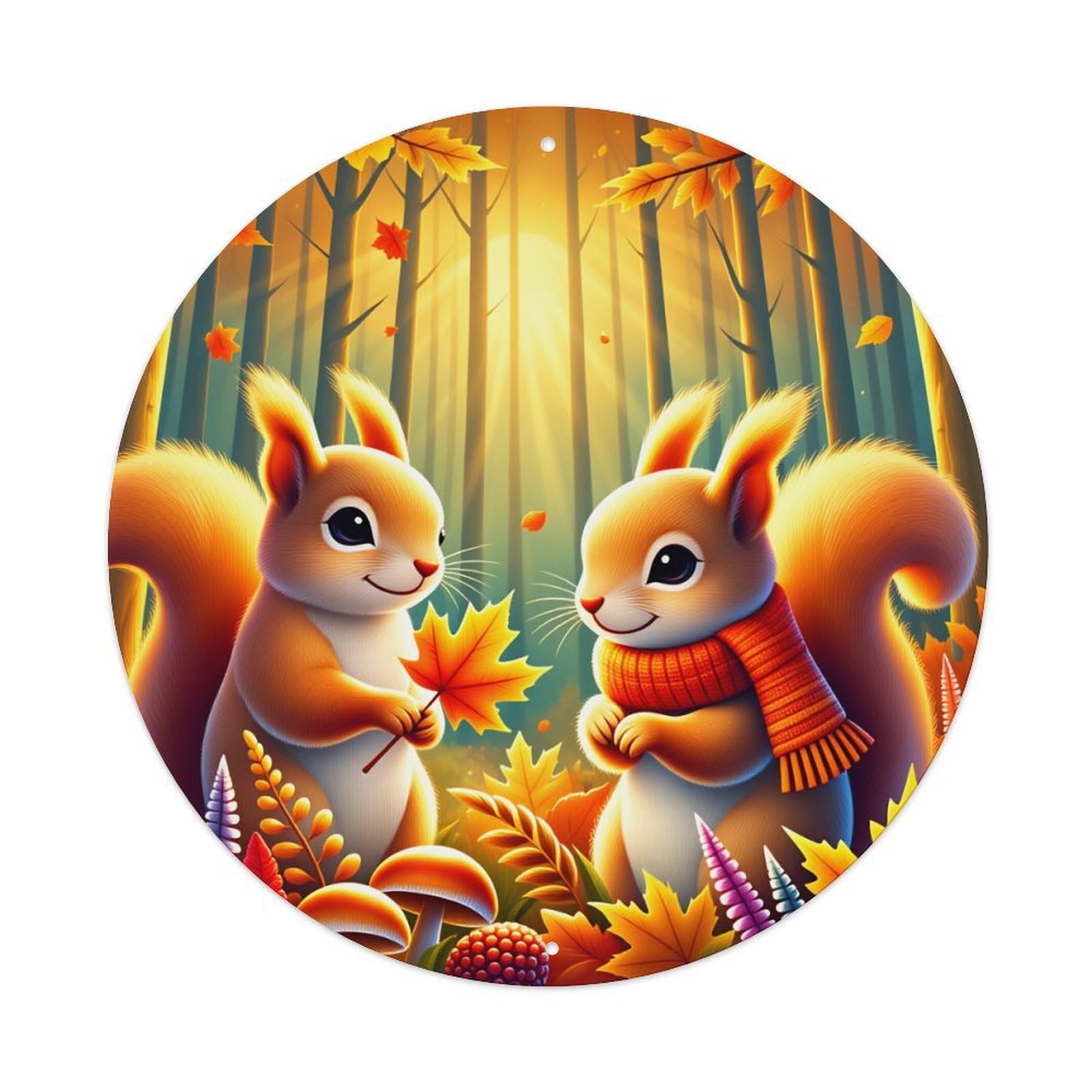 Autumn Squirrels Forest Leaves Mushrooms Round Tin Sign Vintage Style Metal Sign Home Bar Garden Wall Plaque Decor Metal Poster 8x8 Inch