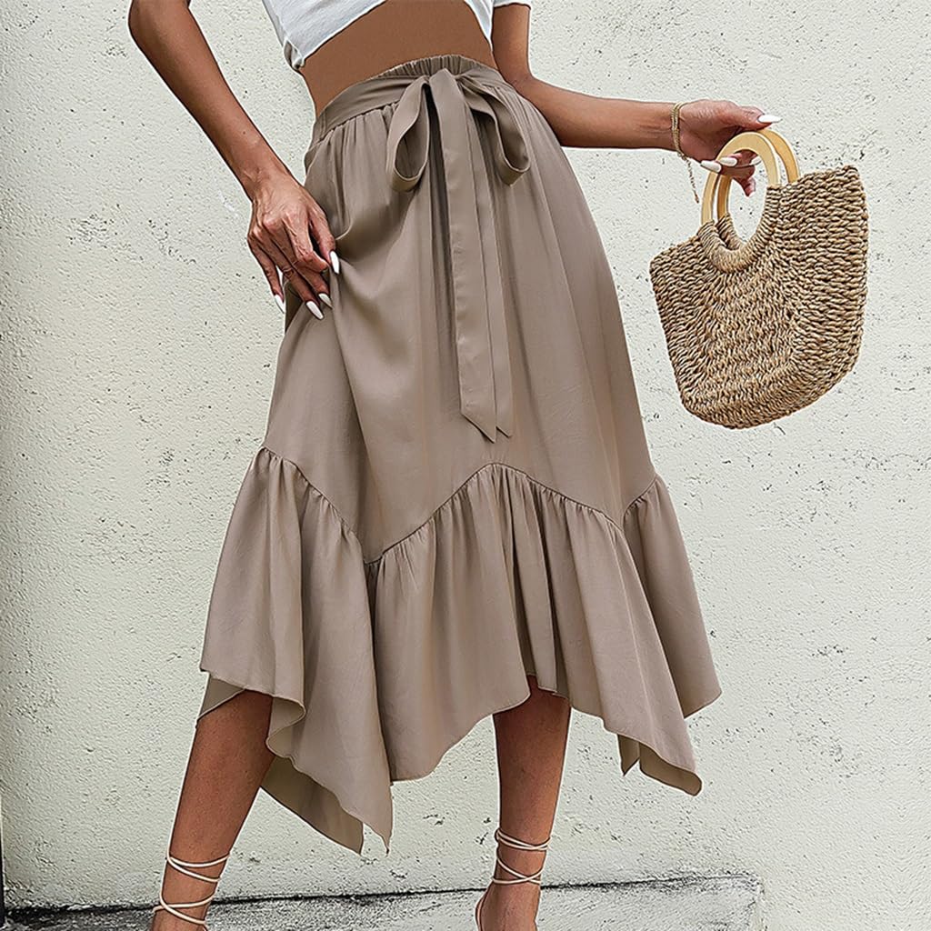 Womens Elegant Solid Tie A-Line Falda Midi Ligero de Cintura Alta Casual Irregular Dobladillo Acanalado Faldas