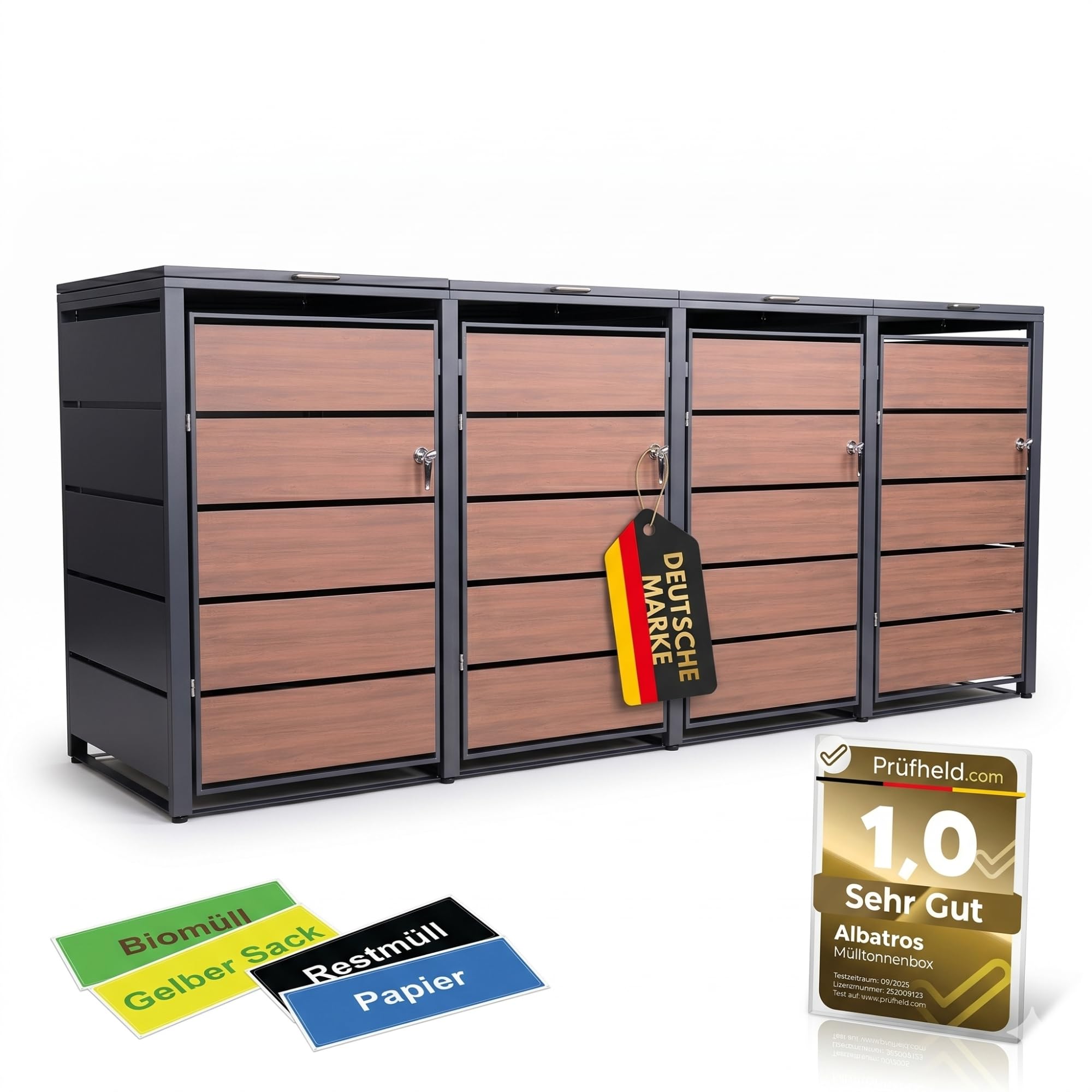 ALBATROS Mülltonnenbox 4er Holzdekor, 120L bis 240L, für Vier Tonnen, Mülltonnenverkleidung aus verzinktem Metall mit Holzoptik, abschließbar, wetterfest, geprüft nach ISO9227, mit Aufkleber Set