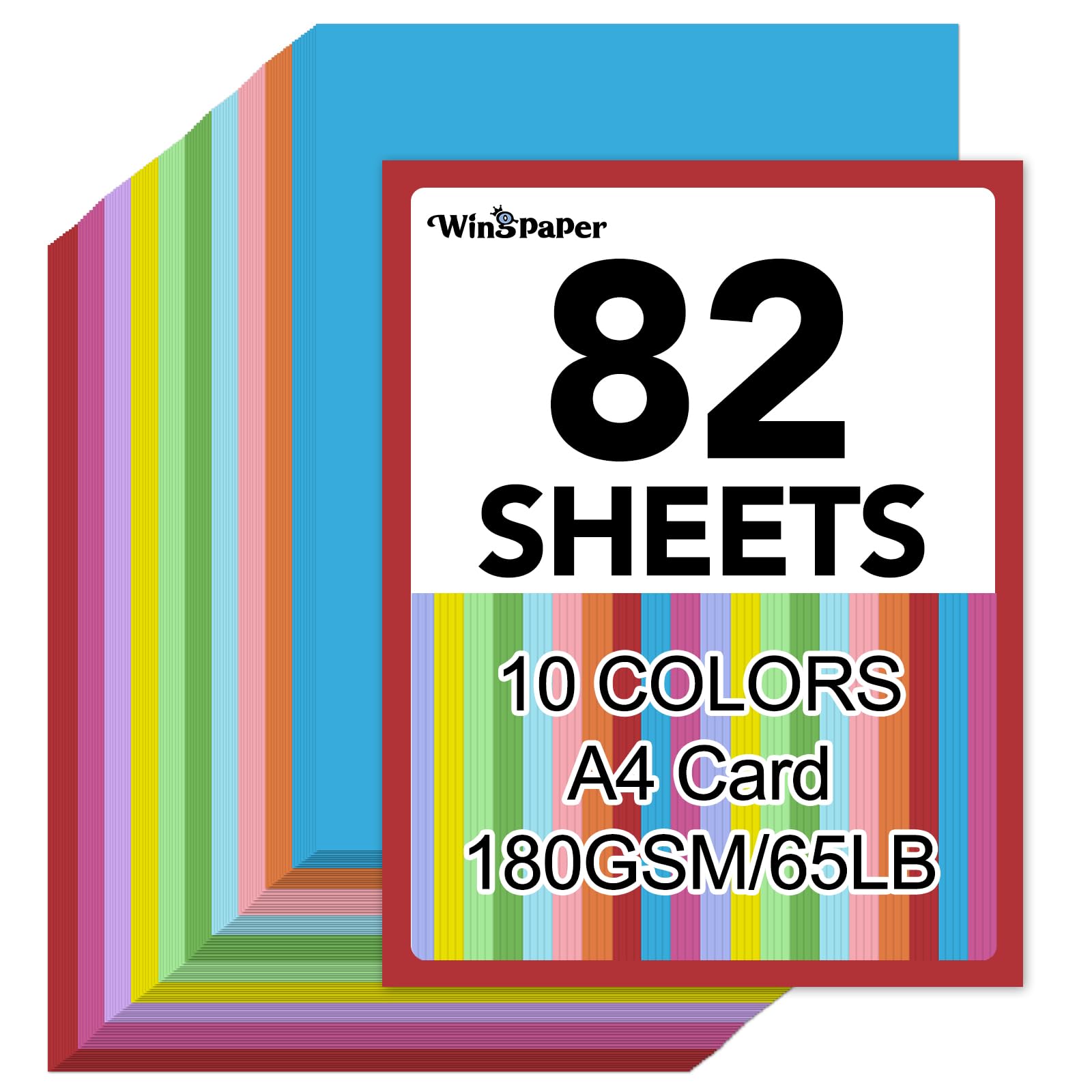 A4 Coloured Card, 82 Sheets, 10 Colours, 180Gsm Cardstock