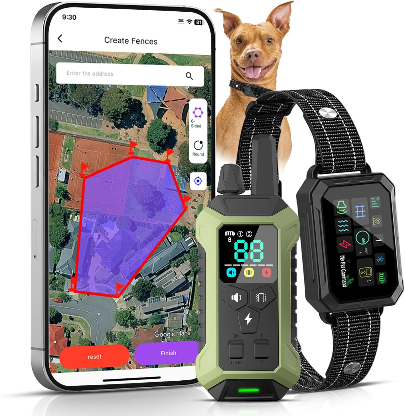 My Pet Command GPS Fence, No Subscription Wireless Dog Fence with APP, 6-Sided or Circular Fences, Tone, Vibration, Static Correction, Waterproof Rechargeable 1 Collar kit