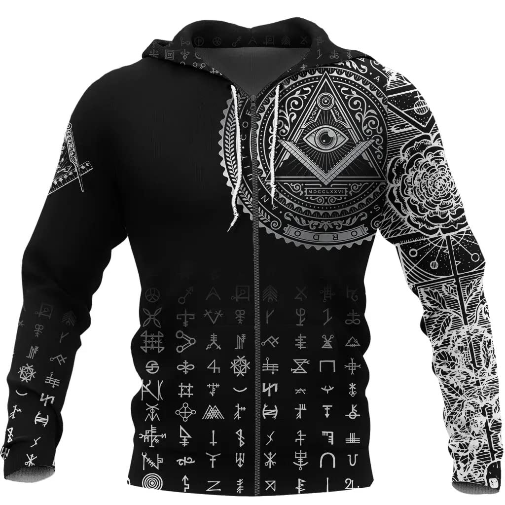 SeriredMen Custom Masonic Tattoo Hoodies, 3D Printed Long Sleeve Street Sweatshirt with Pocket, Short Sleeve Crew Neck Freemasonry Shirts, Black,Zipper,L
