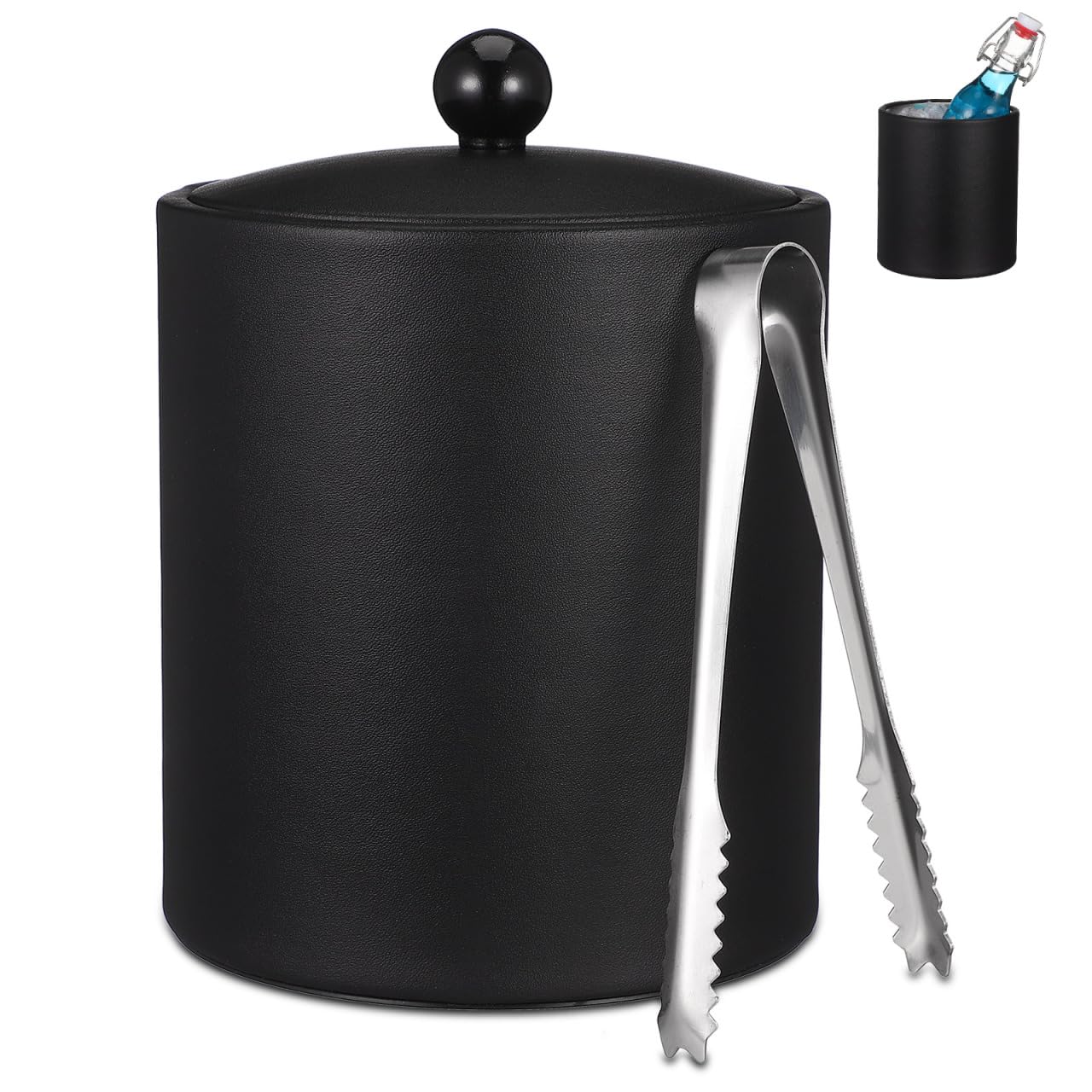 DOITOOL Cubo de hielo con tapa, pinzas y colador, cubo de hielo aislado de acero inoxidable para barra de cóctel, ideal para cócteles, fiestas, vino frío, champán (negro)
