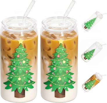 Christmas Gifts, 18oz Color Changing Christmas Glass Cups with Lids and Straw, Glass Tumbler Iced Coffee Drinks Cups for Holiday Party 2 Pack