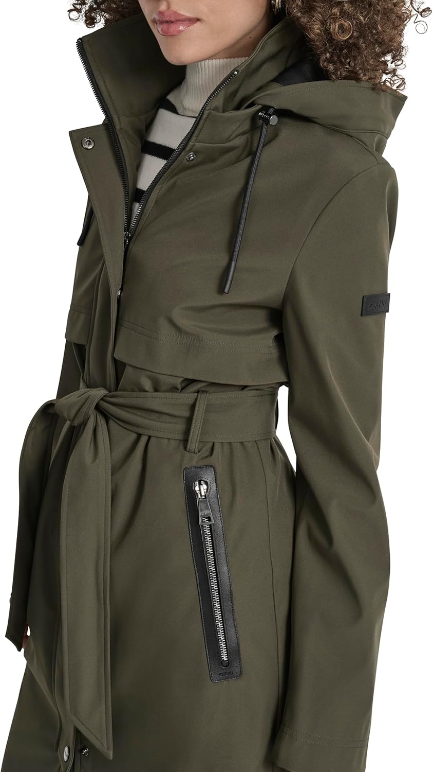 DKNY Women's Hooded Belted Trench Coat – Long Water-resistant Lightweight Jacket With Faux Leather Trimmmed Zipper Pockets - Image 5