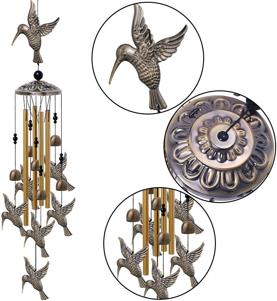 Large Hummingbird Wind Chimes Outdoor Indoor Decor -With 4 Tubes 6 Bells 7 Hummingbirds, Mobile Wind Catcher, Hummingbird Wind Bell for Home, Xmas Mom Gifts, Festival, Balcony, Tree, Garden Decoration