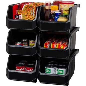ReadySpace 6 Pack Black Plastic Storage Containers for Closet, Kitchen, Office, Garage or Pantry, Stackable Containers, Large