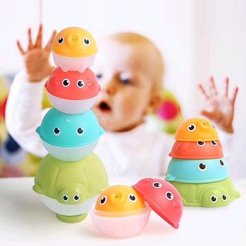 Miniatura 7 de MoraBaby Juguetes apilables de baño para bebés con bolsa organizadora, 8 juguetes de taza apilable, 4 bolas de animales apilables y 1 pulpo azul