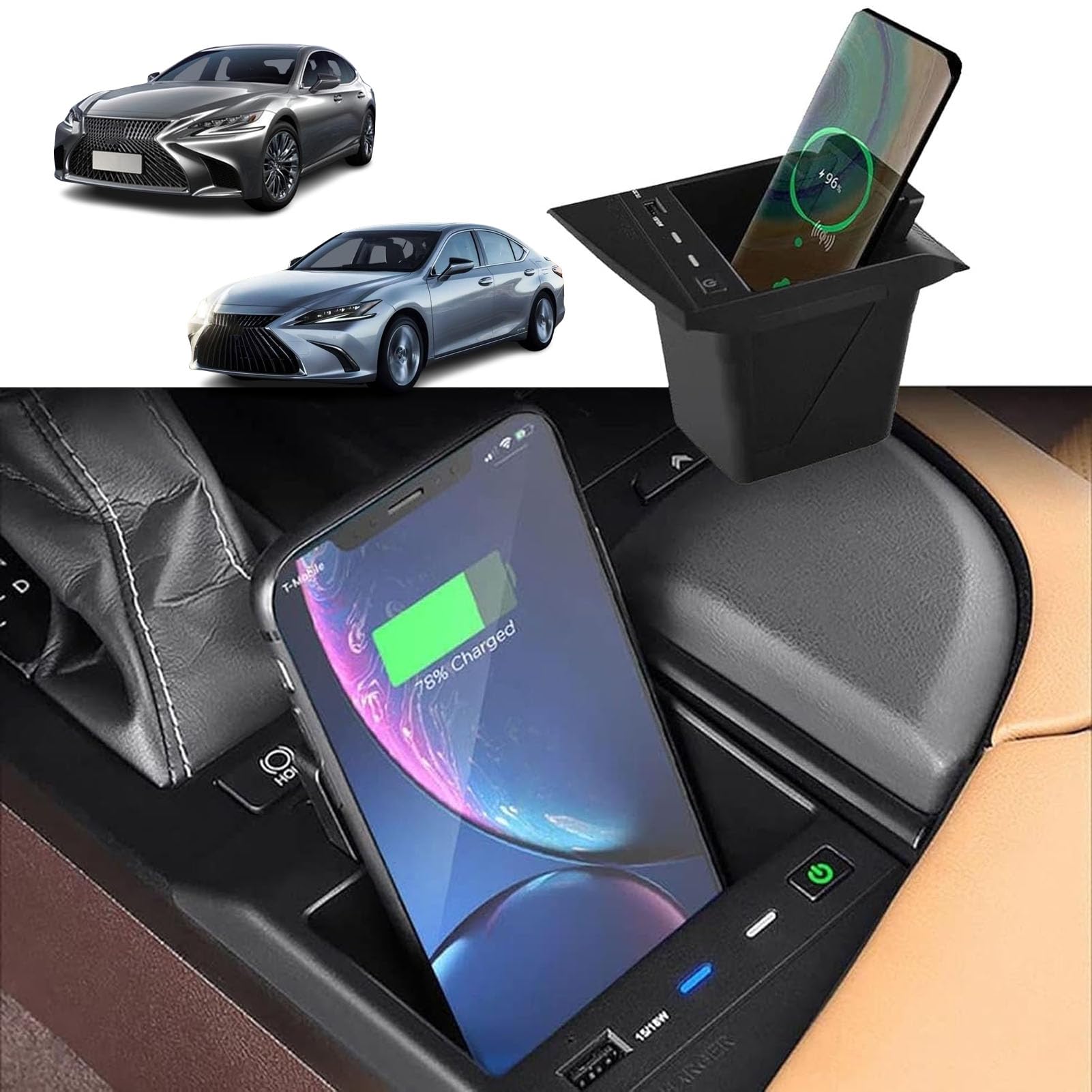 Cargador De Coche Inalámbrico para Lexus ES 2018-2022 Panel De Accesorios De Consola Central,Cargador De Teléfono De Carga Rápida Qi De 15 W Con Puertos USB para Cualquier Teléfono Habilitado p