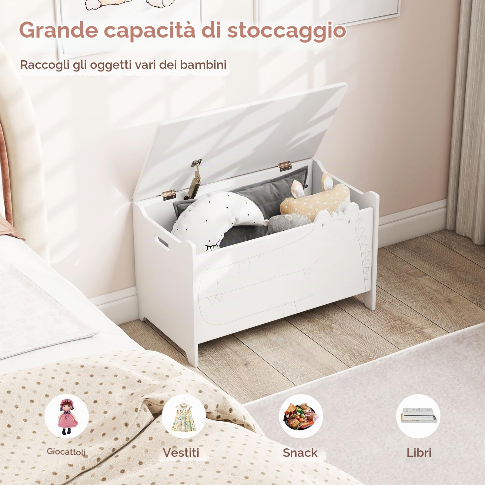 GYMAX Scatola per Giocattoli con Coperchio, Organizer per Giocattoli a Forma di Coccodrillo con Pratiche Maniglie, Cassapanca Contenitorei per Bambini, verde, 60 x 33 x 37,5 cm (Bianco)