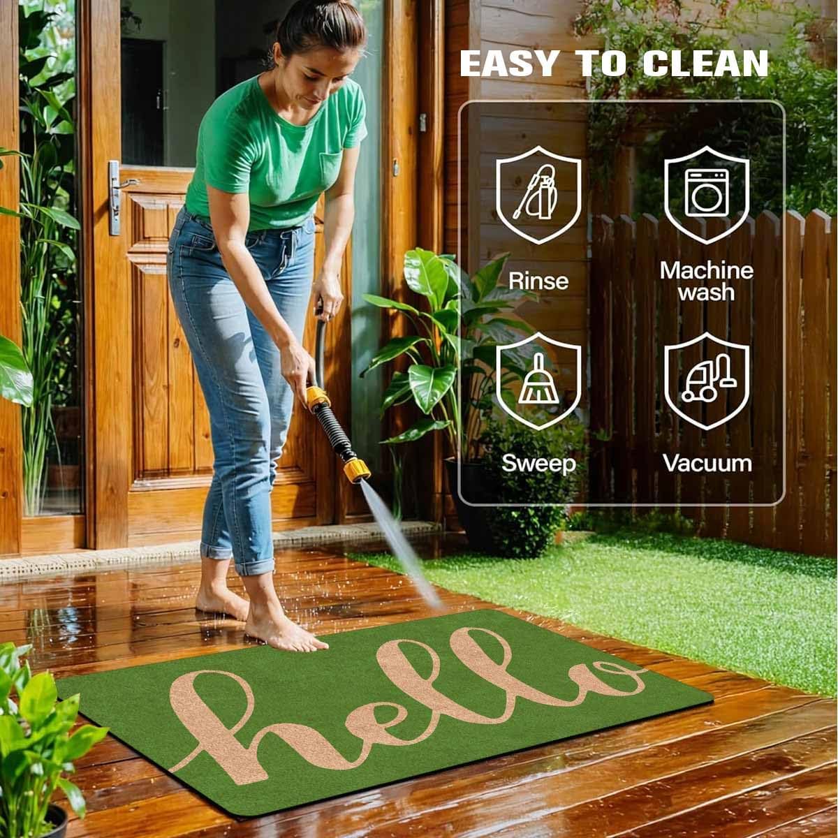 Green 'Hello' Welcome Doormat for Front Door,Summer Home Decor,Low-Profile Switch Rug Porch Door Mat Floor Mat for Indoor Outdoor RV 30"x18"