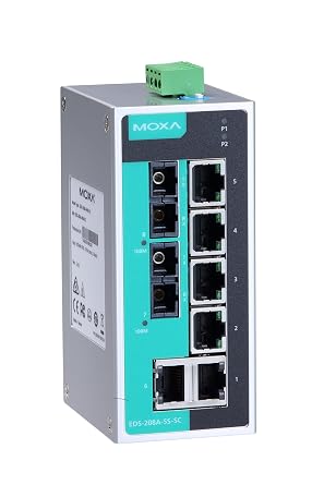 MOXA EDS-208A-SS-SC Unmanaged Ethernet Switch with 6 10/100BaseTX Ports, and 2 100BaseFX Single-Mode Ports with SC connectors -10 to60C