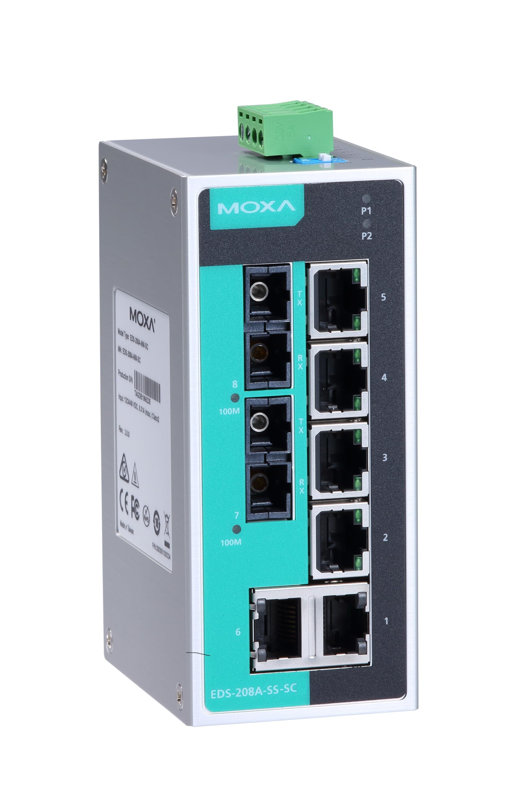 MOXA EDS-208A-SS-SC Unmanaged Ethernet Switch with 6 10100BaseTX Ports and 2 100BaseFX Single-Mode Ports with SC connectors -10 to60C product thumbnail 2