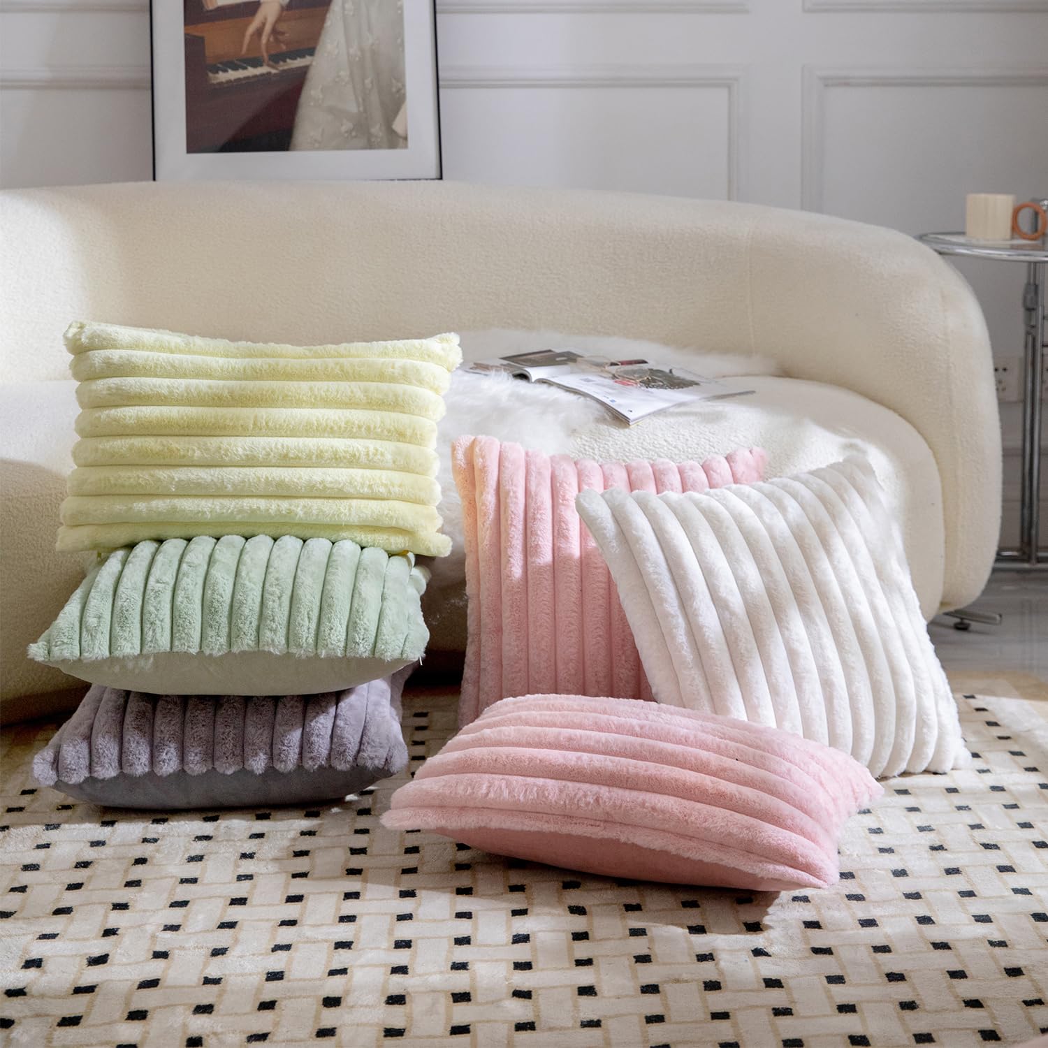 Mandioo 2er Set Kissenbezug gestreiftes Künstlich Pelz Superweich Kissen Flauschig Modern Kissenhülle Deko Sofa Wohnzimmer Schlafzimmer Kissenbezüge 30 x 50 cm Cremeweiß