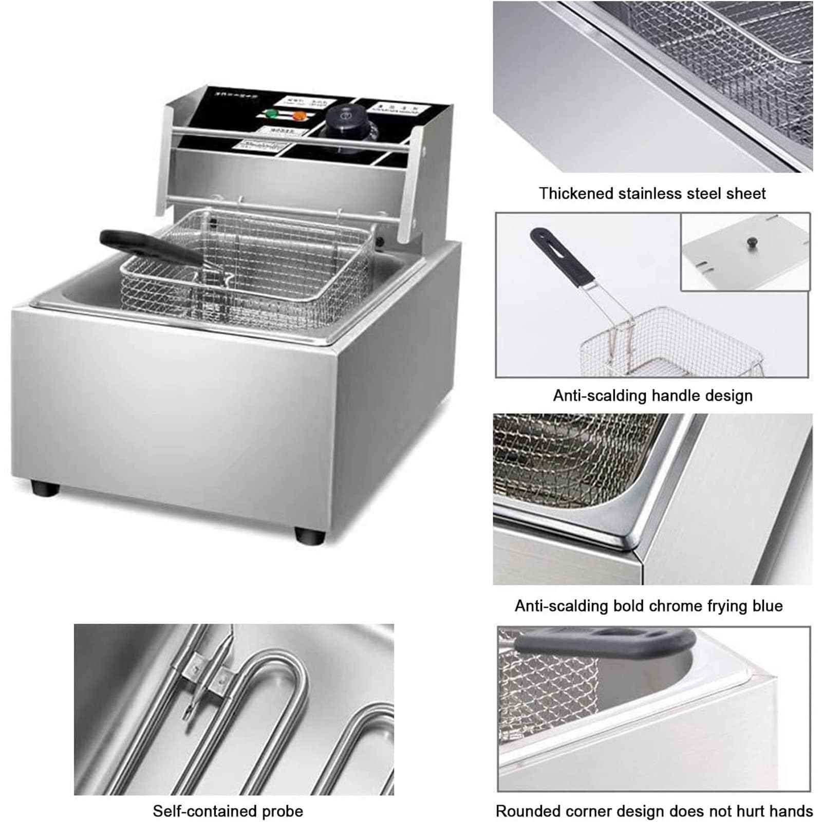 Freidora eléctrica de 10 litros, freidora de 2500 W con cesta para freír, freidora de encimera de acero inoxidable, temperatura ajustable, utilizada en restaurantes, restaurantes de comida rápida