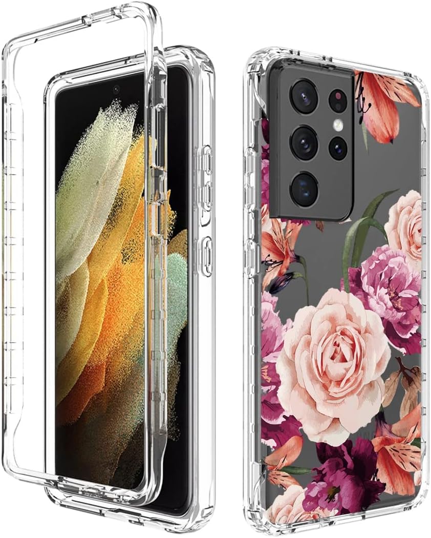 Case for Galaxy S21 Ultra 5G, SM-G998U Case with Tempered Glass Screen Protector, Full Body Cute Floral Shockproof Protective Phone Case Cover for Samsung Galaxy S21 Ultra Purple Flower - Image 6
