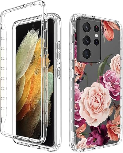 Miniatura 6 de Funda para Galaxy S21 Ultra, SM-G998U con protector de pantalla de vidrio templado, diseño floral a prueba de golpes, funda protectora de cuerpo