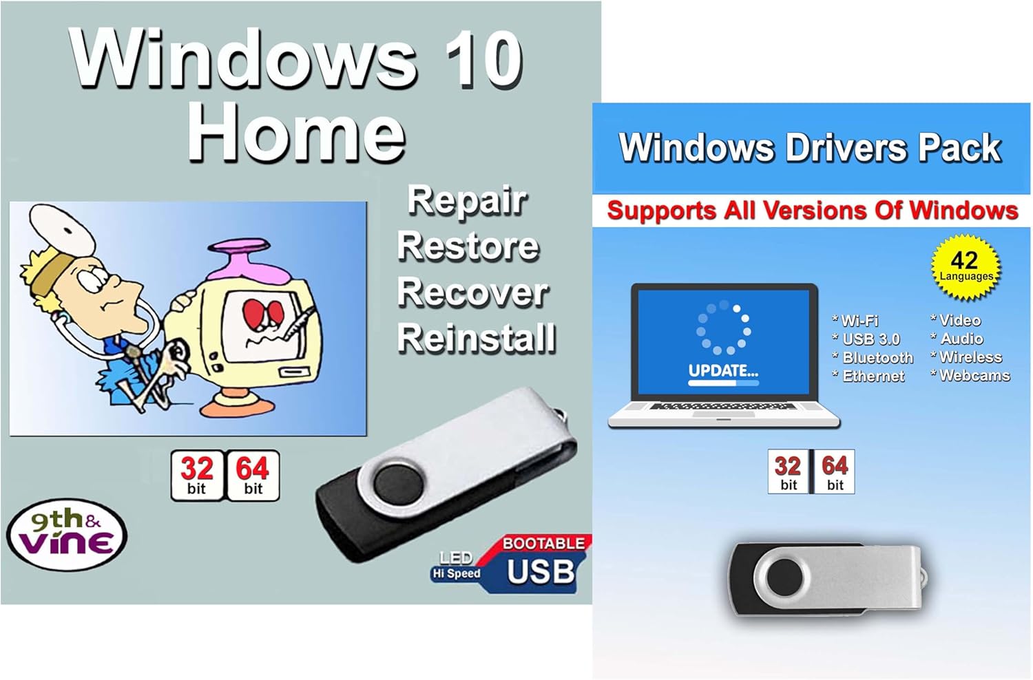 Computer Werx Compatible with Windows 10 Home 32/64 bit USB With Key. Install, Upgrade, Recover, Repair and Restore Plus Windows Drivers USB. 2 Pack