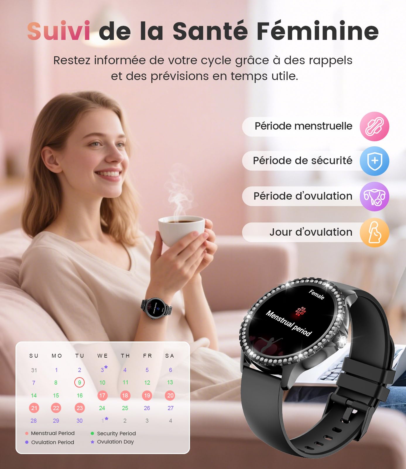 LIGE 1.32" HD Montre Connectée Femme avec Appel Bluetooth, Smartwatch IP68 avec Fonction Féminine/120+ Modes Sport/Fréquence Cardiaque/Sommeil/Cycle menstruel/Podomètre Calories pour Android iOS Noir