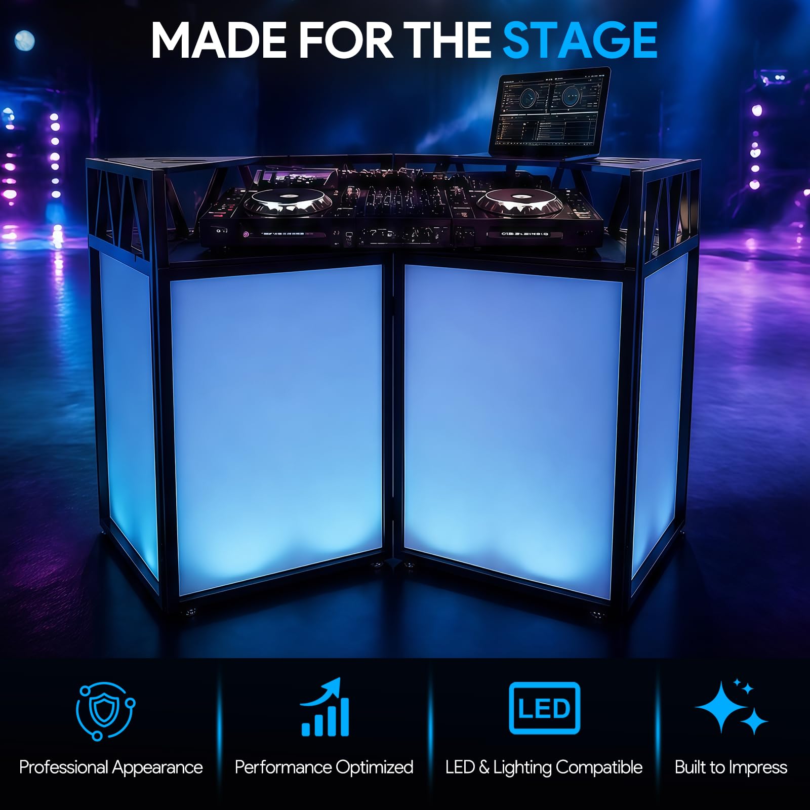 Cabina per DJ con ruote, 107 x 53 x 117 cm, con scrim | Bianco e Nero Scrim, Portatile Pieghevole DJ Tavolo Stand con Borsa per il Trasporto, per Feste, Eventi, Matrimonio