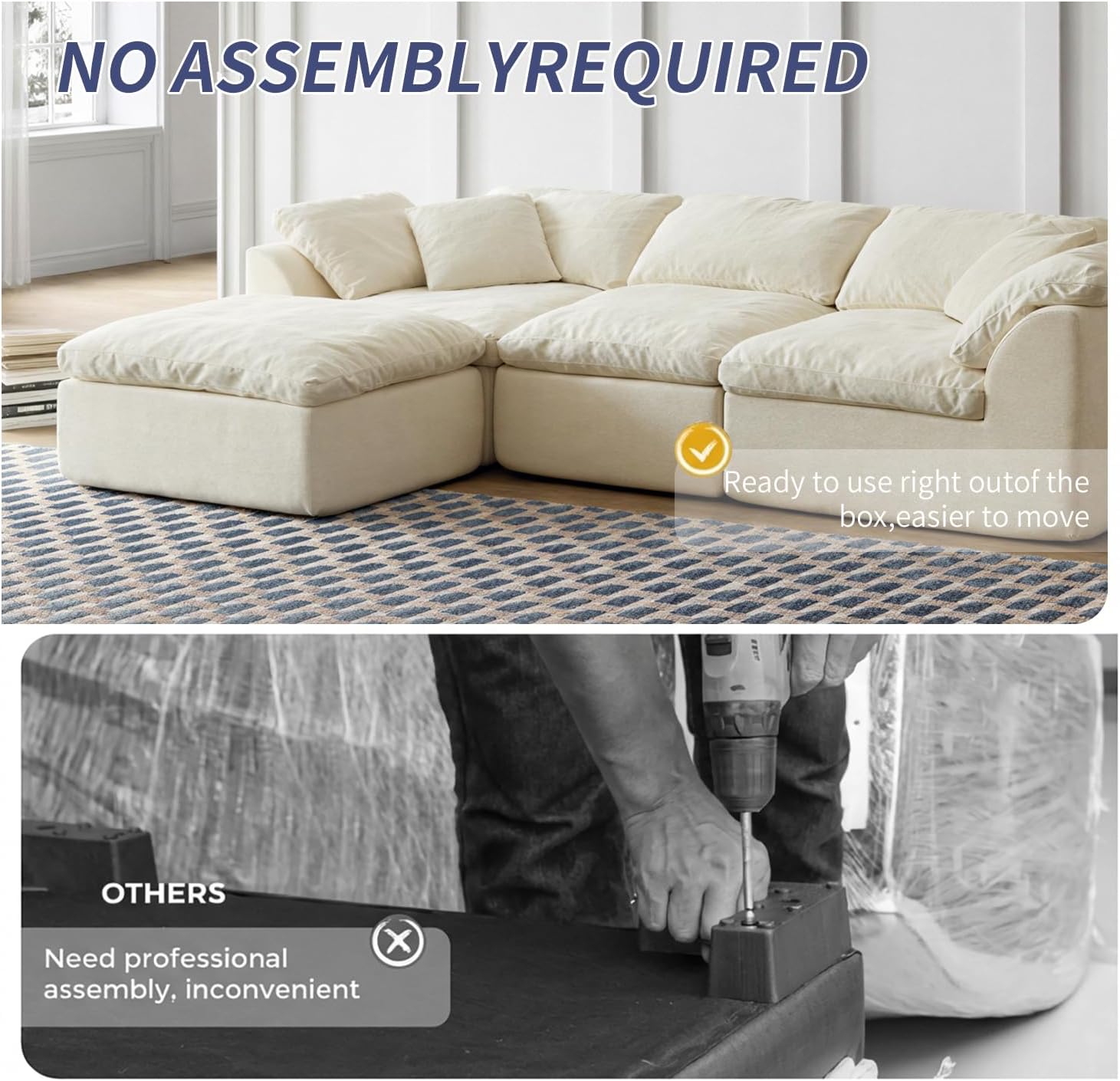 Modular Free Combination Sofa with Pedal, Chenille Corduroy, Skin-Friendly Fabric, Boneless Sofa, Sofa Bed, No Assembly Required (White)