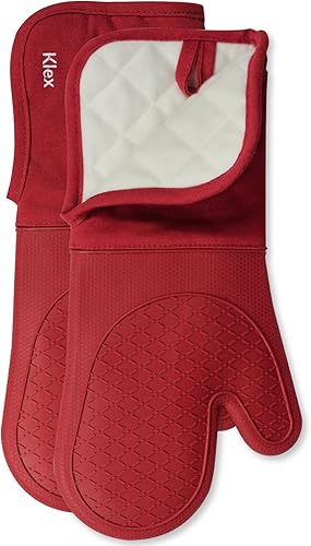 Klex Guantes de horno de silicona extralargos, resistencia al calor de 932 °F con forro de algodón acolchado, juego de 2 piezas, 15 pulgadas, rojo