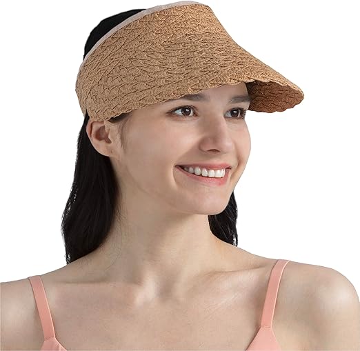 SUN CUBE Women Sun Visor Hat, Straw Beach Hat Wide Brim UV Protection, Foldable Packable Cap, Roll Up Ponytail Summer Visor