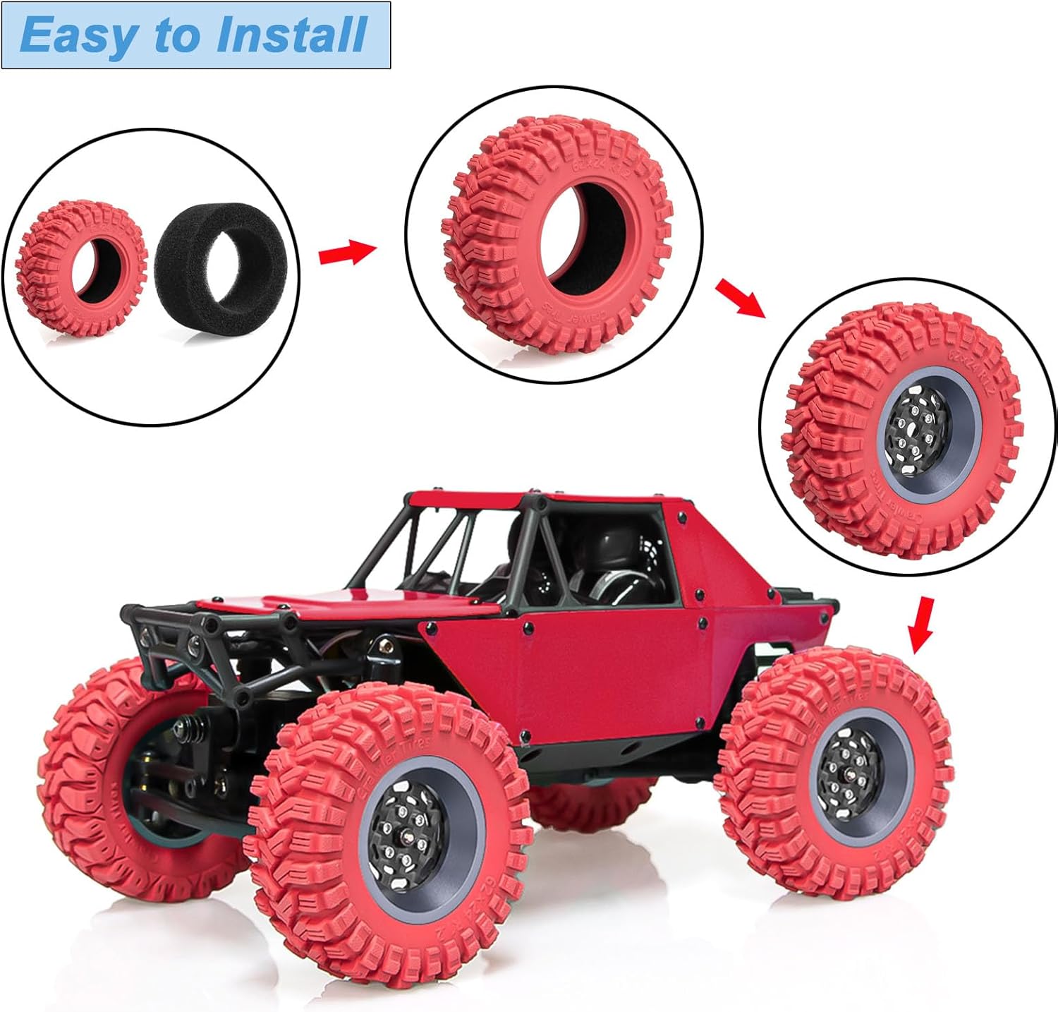 4PCS RC 1.2" Beadlock Tires 62 * 24mm Colored Rubber Crawler Tires for 1/18 Trx4m,1/24 SCX24 FCX24 RC Crawler Car (Red A)